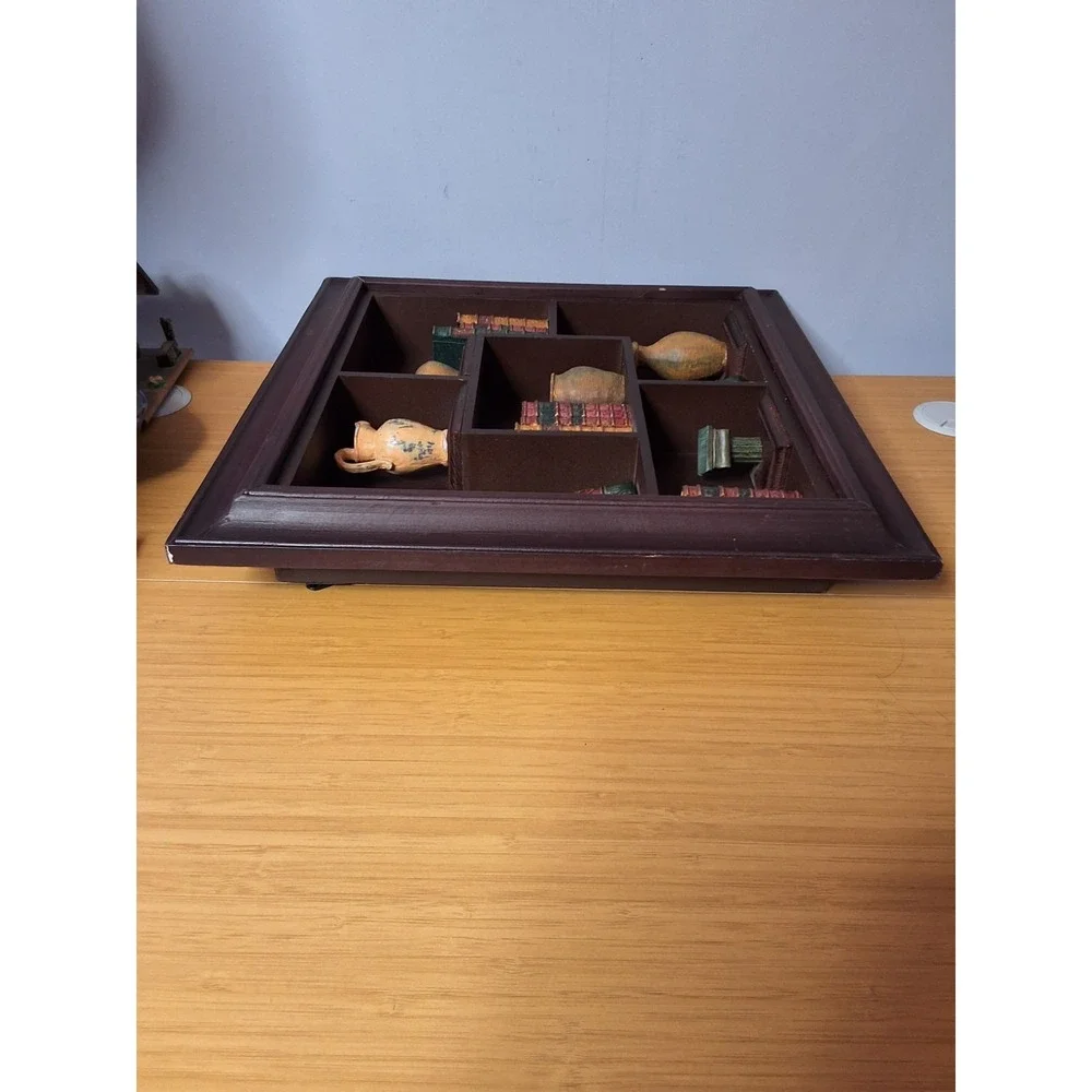 Vintage ‎ Wooden Open-Face Shadow Box Containing Books, Picture Frames And Jugs.